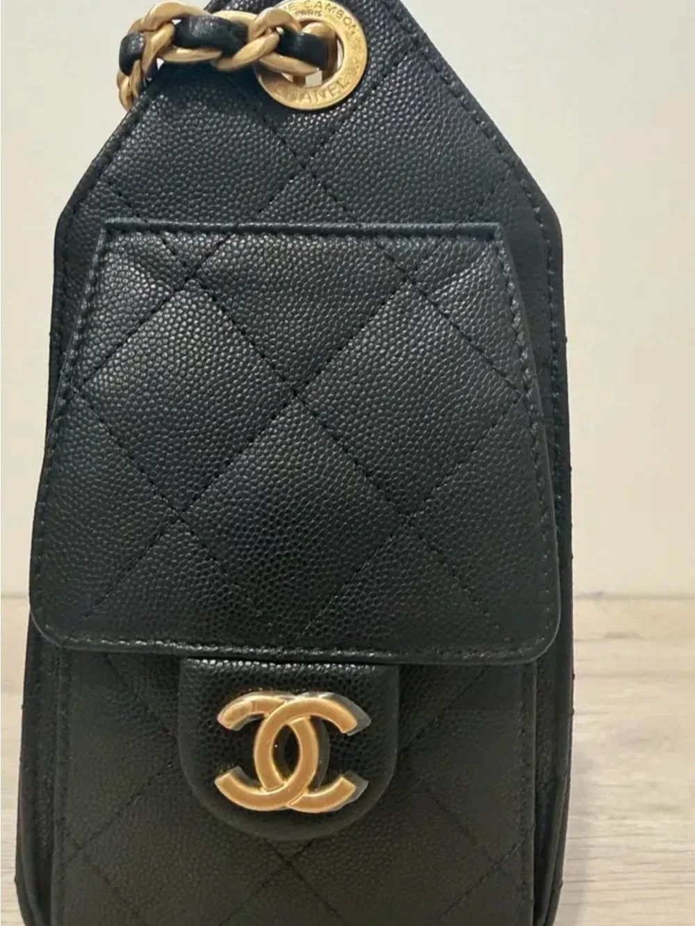 CHANEL 25 Black Caviar Quilted Shoulder Bag with Gold Chain Hardware